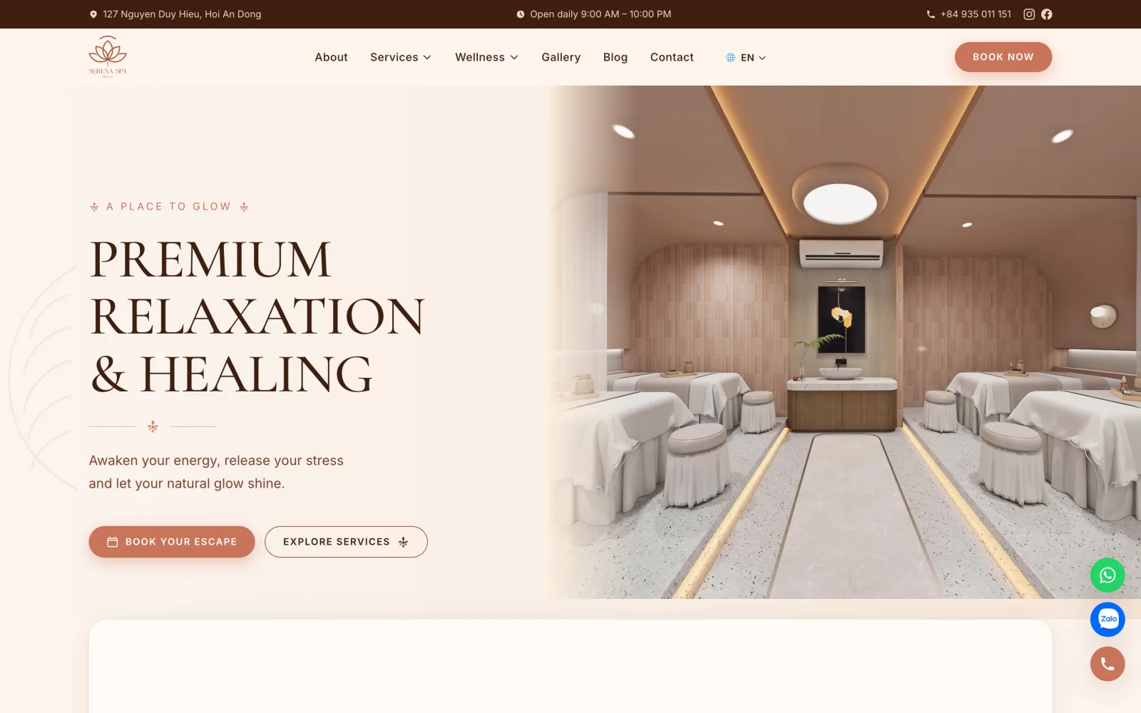 Trang chủ website Serena Retreat — spa cao cấp tại Hội An, do Lê Công Thiên thiết kế và lập trình