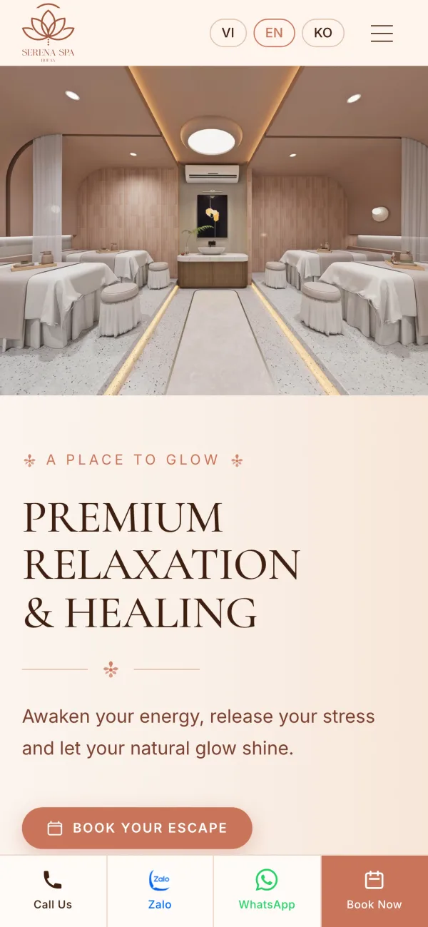 Giao diện Serena Retreat trên điện thoại — thiết kế mobile-first