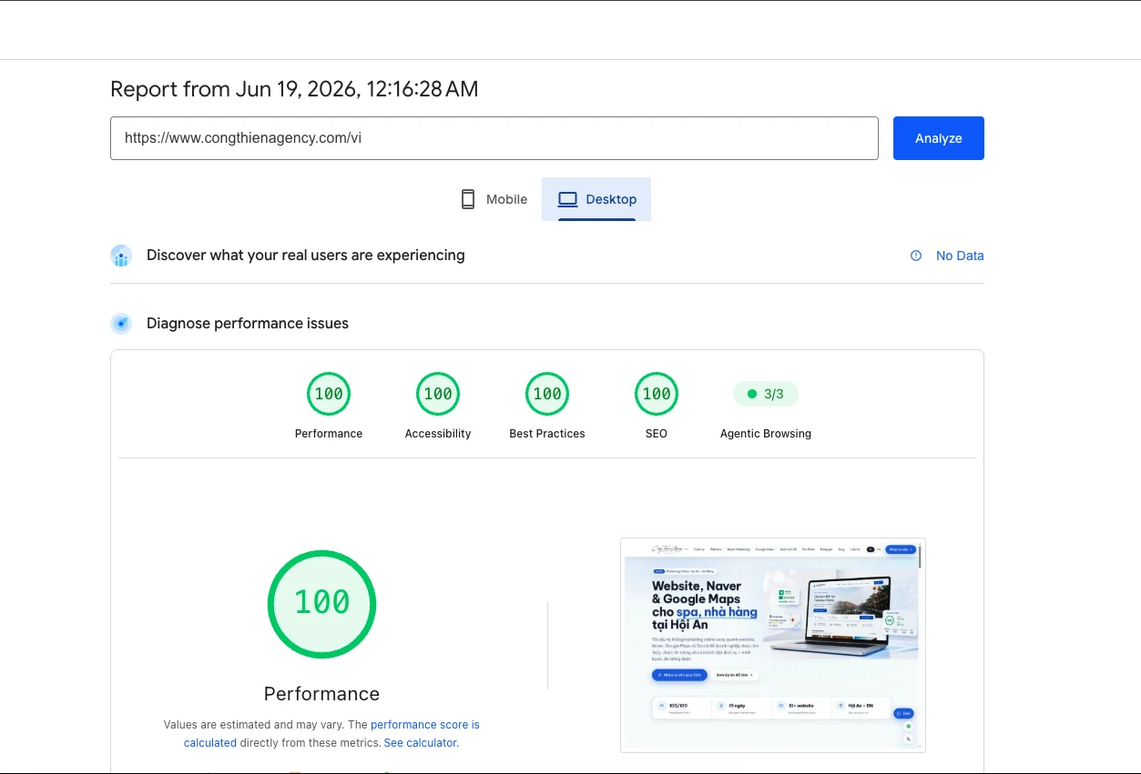 Ảnh chụp báo cáo Google PageSpeed Insights cho congthienagency.com — Performance 100, Accessibility 100, Best Practices 100, SEO 100 trên desktop